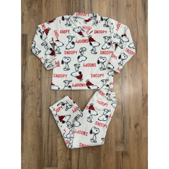 Kids‎ Snoopy Fleece Pajama Set Youth Large 10–12 Plush Sleepwear Peanuts - Picture 2 of 9
